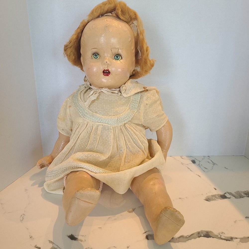Antique 1930s? Composition Baby Doll Blue Eyes Open And Close Cloth Torso 20"